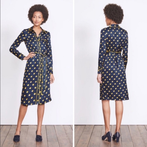 Boden Jenna Polka Dot Shirt Dress Navy Yellow Size 12 (UK 16) - Picture 2 of 10